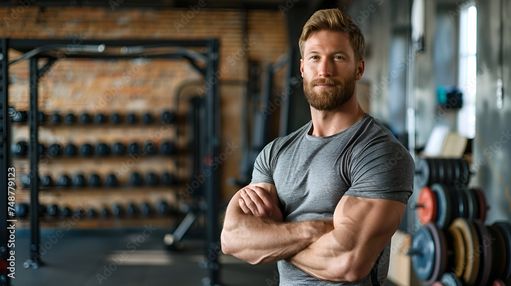 muscular trainer against the backdrop of a gym with copy space muscular trainer against the backdrop of a gym with copy space