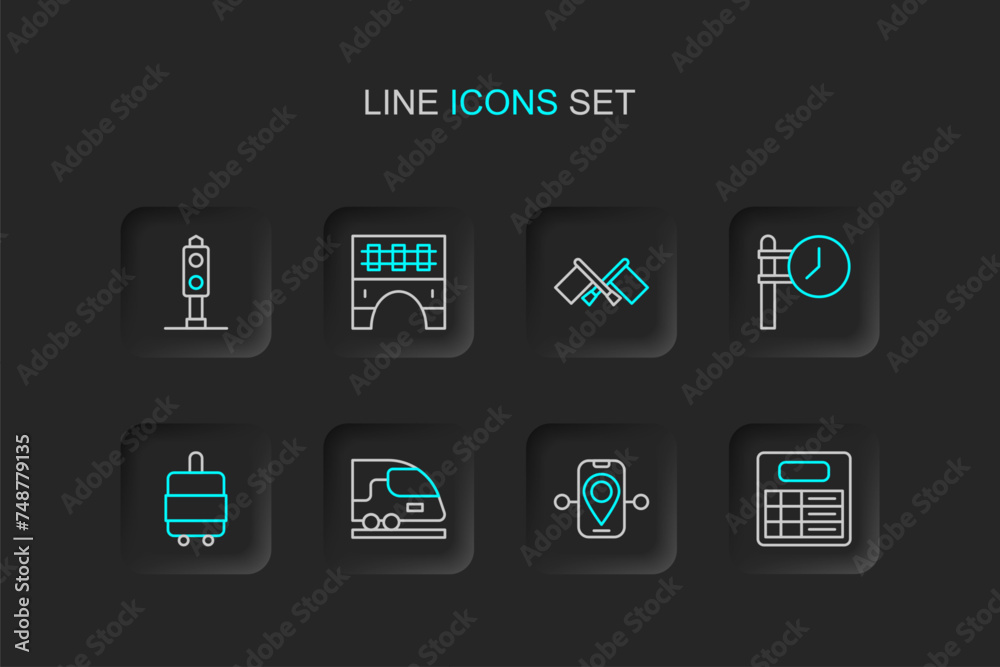 Set line Train station board, Route location, High-speed train, Suitcase, clock, Flag, Bridge for and traffic light icon. Vector Set line Train station board, Route location, High-speed train, Suitcase, clock, Flag, Bridge for and traffic light icon. Vector