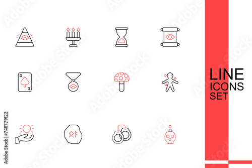 Set line Burning candle on skull  Handcuffs  Magic runes  Ball levitating above hand  Voodoo doll  Psilocybin mushroom  Medallion chain with eye and Playing cards icon. Vector