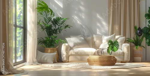 A Modern-Styled Living Room in an Apartment Featuring a Comfy Couch  Lush Greenery  and a Rattan Cat Bed by the Sunlit Window