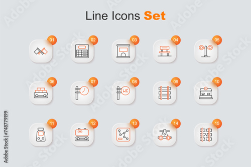 Set line Broken or cracked railway, Handcar transportation, Railway map, Oil cistern, Train, station, barrier and Toilet icon. Vector