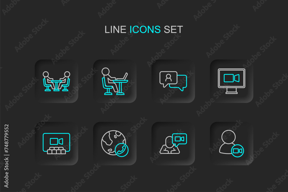 Set line Video chat conference, Speech bubble, Freelancer and Meeting icon. Vector