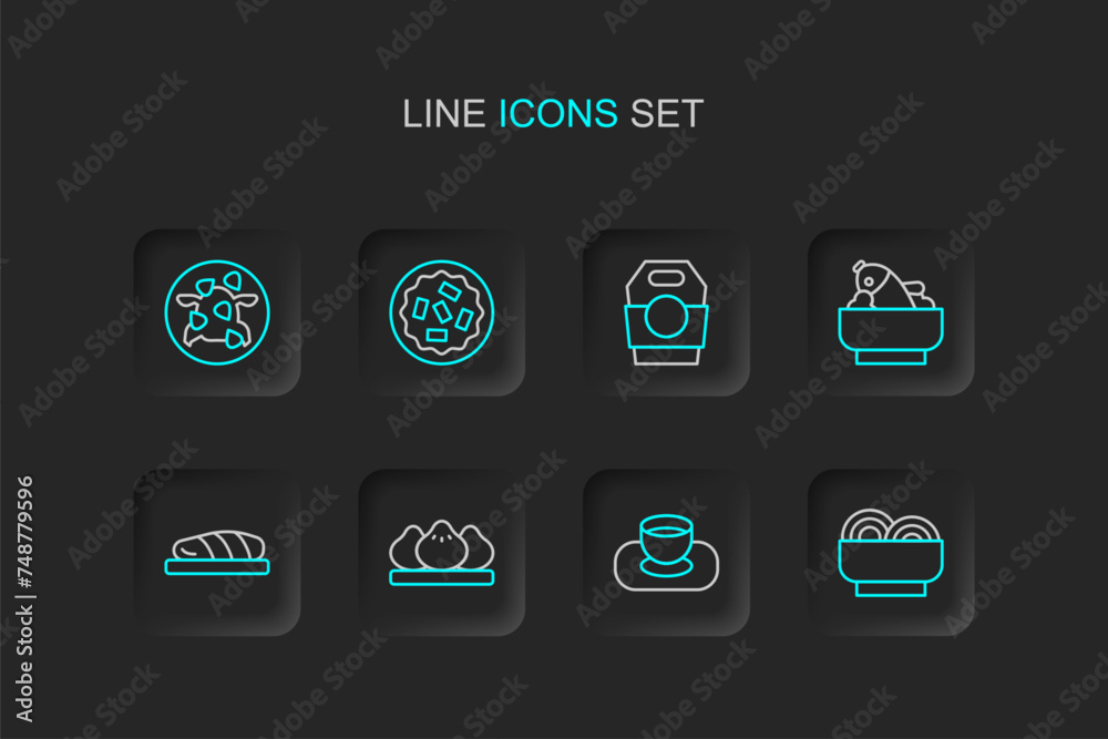 Set line Asian noodles in bowl, Soy sauce, Dumpling, Fish steak, Rice with fish, paper box, Homemade pie and Kung Pao chicken icon. Vector