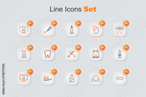 Set line Safety goggle glasses, Otolaryngological head reflector, Mouthwash, Toothbrush with toothpaste, Online dental care, Syringe, Calendar and Dental mirror and probe icon. Vector