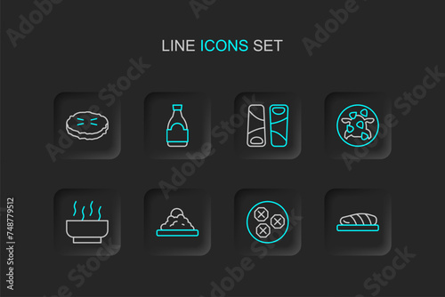 Set line Fish steak, Wonton, Rice in bowl, Ramen soup, Kung Pao chicken, Guotie, Soy sauce bottle and Homemade pie icon. Vector