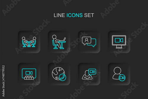 Set line Video chat conference, Speech bubble, Freelancer and Meeting icon. Vector © Iryna
