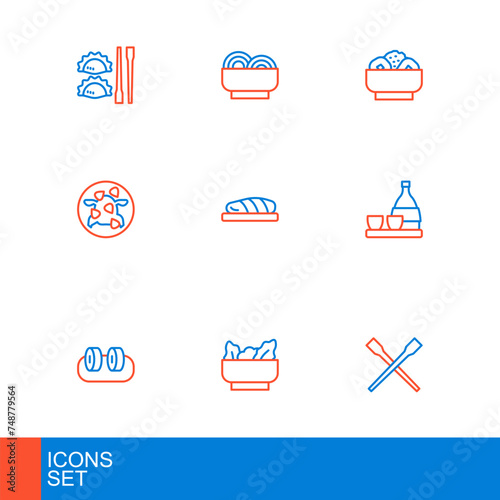 Set line Food chopsticks, Wonton, Sushi, Bottle of sake, Kung Pao chicken, Fish steak, Chow mein plate and Asian noodles bowl icon. Vector