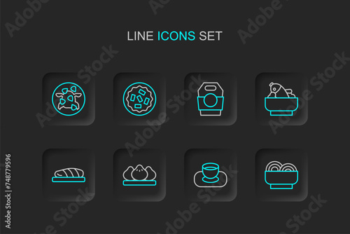 Set line Asian noodles in bowl, Soy sauce, Dumpling, Fish steak, Rice with fish, paper box, Homemade pie and Kung Pao chicken icon. Vector