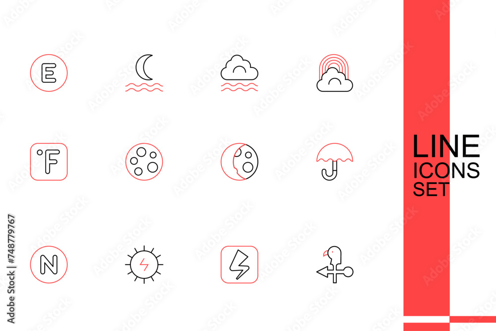 Set line Rooster weather vane, Lightning bolt, Solar energy panel, Compass north, Umbrella, Moon phases, and Fahrenheit icon. Vector Set line Rooster weather vane, Lightning bolt, Solar energy panel, Compass north, Umbrella, Moon phases, and Fahrenheit icon. Vector