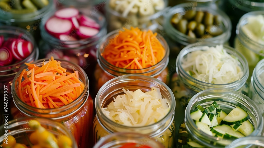 Variety of fermented vegetables arranged at a visually appealing way in a variety of containers. Variety of fermented vegetables arranged at a visually appealing way in a variety of containers.