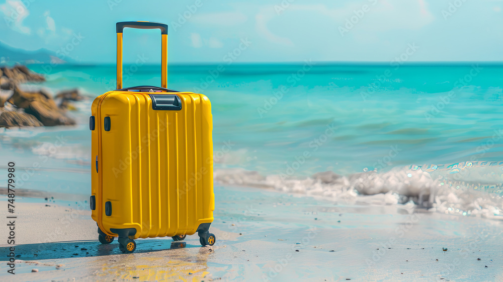 Travel yellow suitcase on the shore of the turquoise ocean Travel yellow suitcase on the shore of the turquoise ocean