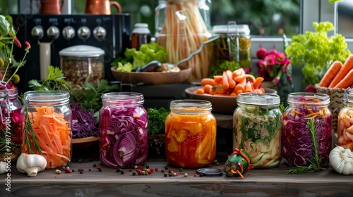 Variety of fermented vegetables arranged at a visually appealing way in a variety of containers.