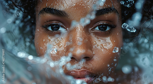 The face of an African-American woman in a spray of water.