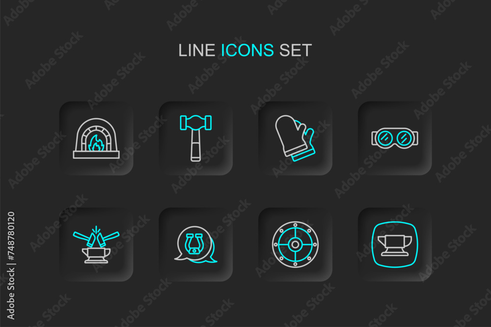 Set line Blacksmith anvil tool, Round shield, Horseshoe, Anvil and hammer, Welding glasses, Protective gloves, Hammer and oven icon. Vector Set line Blacksmith anvil tool, Round shield, Horseshoe, Anvil and hammer, Welding glasses, Protective gloves, Hammer and oven icon. Vector