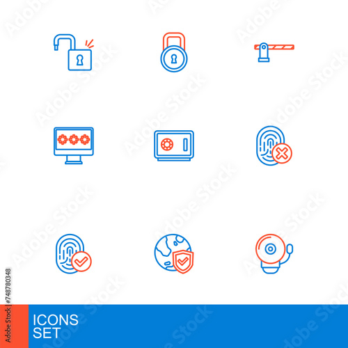 Set line Ringing alarm bell, Shield with world globe, Fingerprint, Cancelled fingerprint, Monitor password, Safe, Parking car barrier and Lock icon. Vector