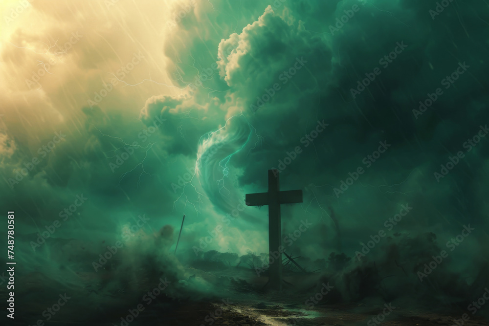Image of a tornado coming towards a cross in the sky.
