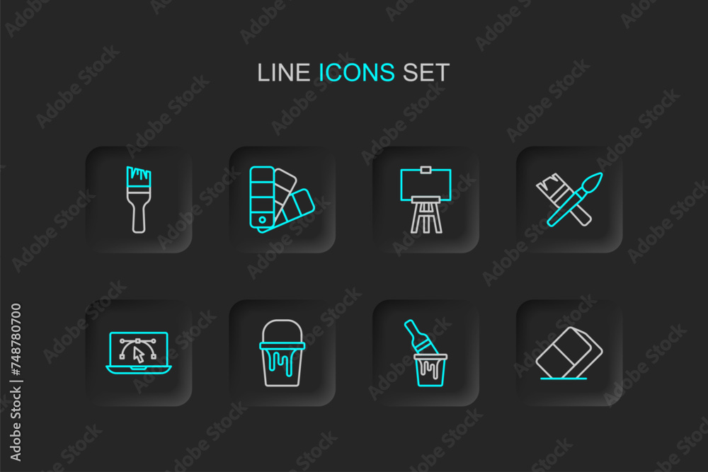 Set line Eraser or rubber, Paint bucket with brush, Computer design program, Wood easel, Color palette guide and icon. Vector Set line Eraser or rubber, Paint bucket with brush, Computer design program, Wood easel, Color palette guide and icon. Vector