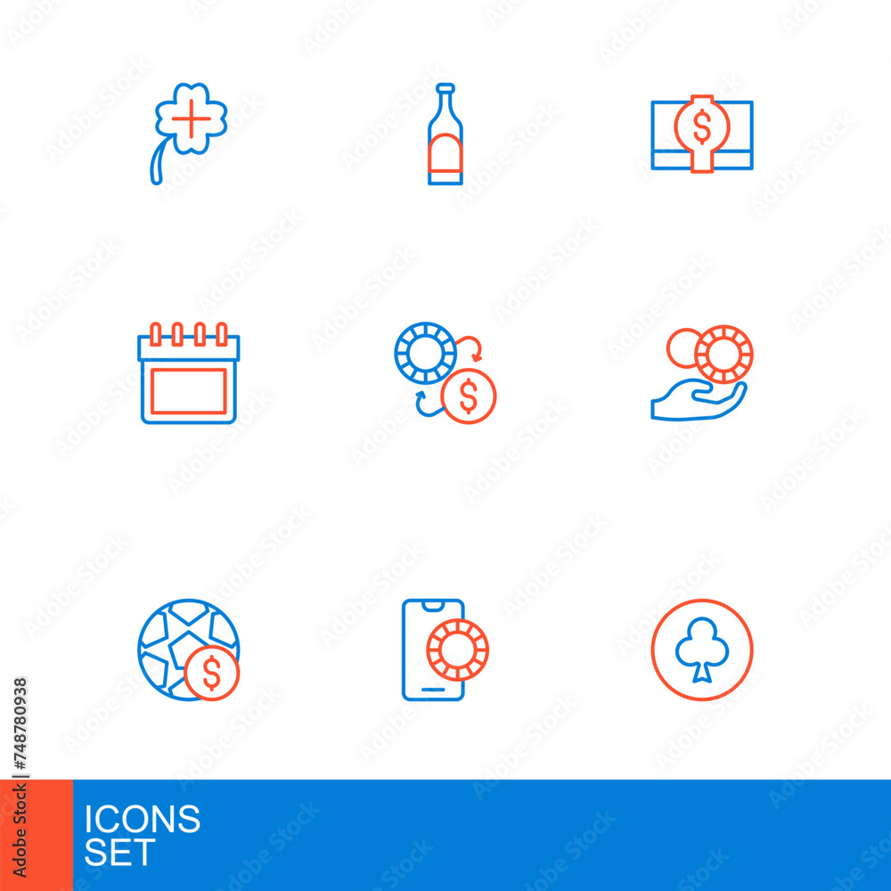 Set line Playing card with clubs symbol, Online sports betting, Football money, Hand holding casino chips, Calendar, Casino exchange, Stacks paper cash and Bottle of wine icon. Vector