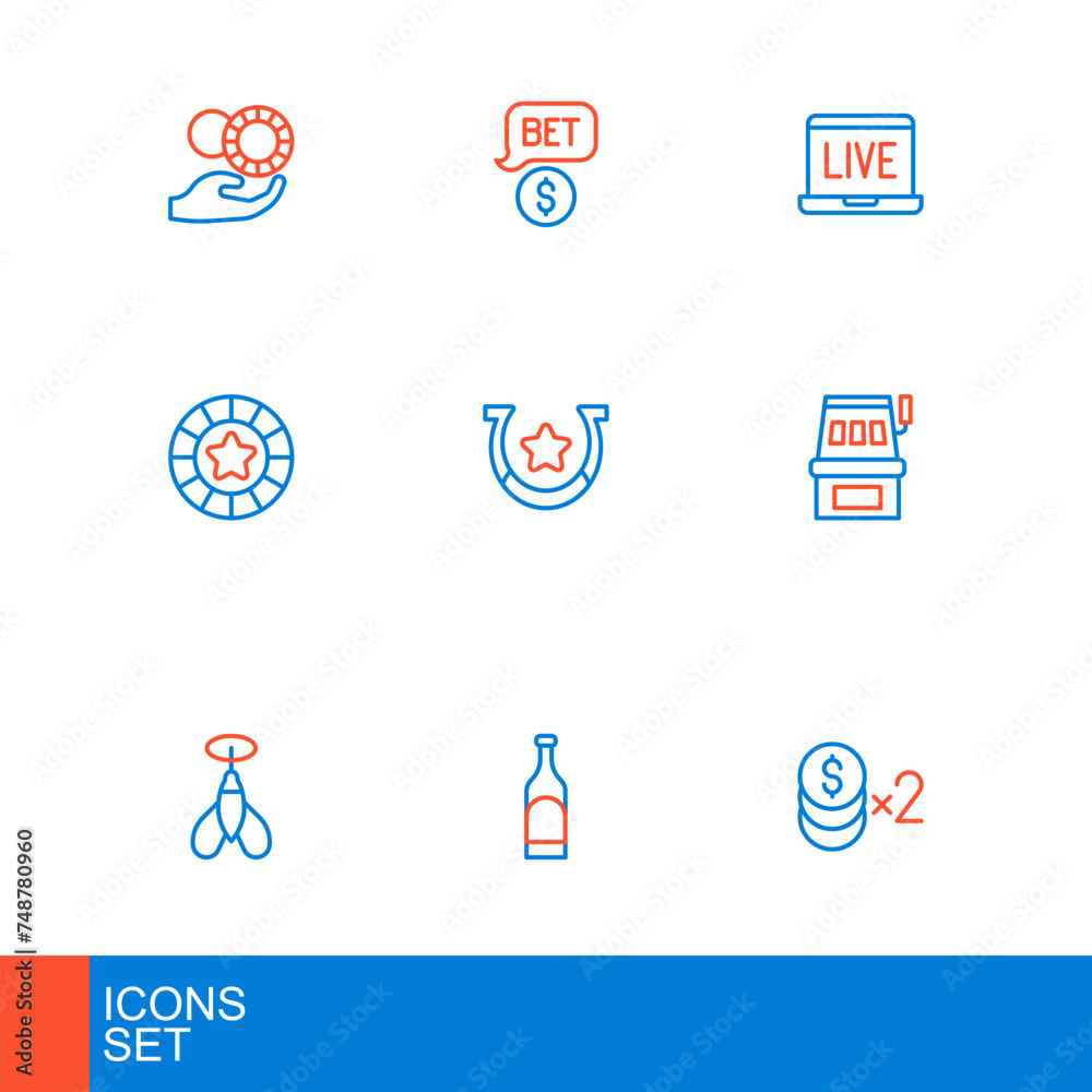 Set line Casino chip with dollar, Bottle of wine, Dart arrow, Slot machine, chips, Horseshoe, Online poker table game and icon. Vector Set line Casino chip with dollar, Bottle of wine, Dart arrow, Slot machine, chips, Horseshoe, Online poker table game and icon. Vector