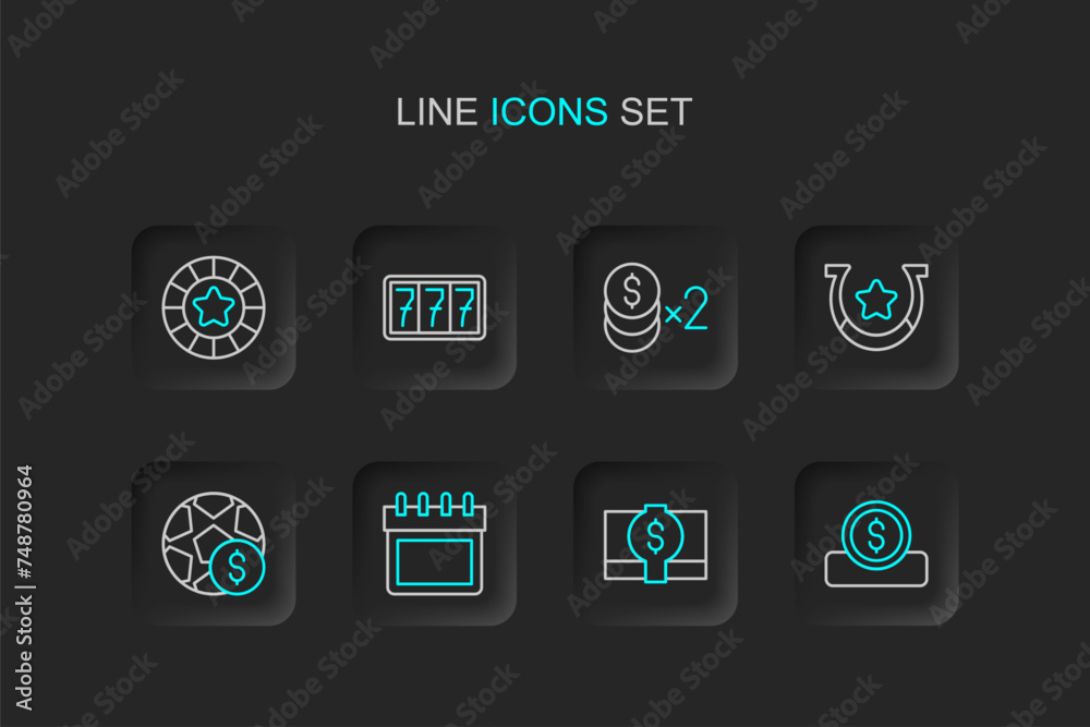 Set line Coin money with dollar, Stacks paper cash, Calendar, Football betting, Horseshoe, Casino chip, Slot machine jackpot and chips icon. Vector Set line Coin money with dollar, Stacks paper cash, Calendar, Football betting, Horseshoe, Casino chip, Slot machine jackpot and chips icon. Vector