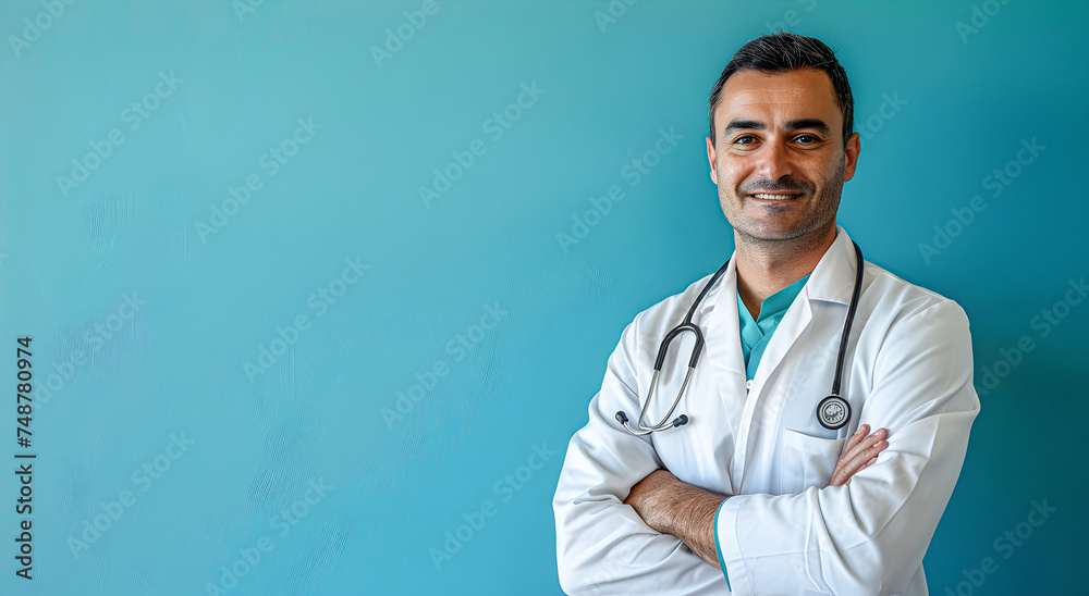 Smiling male doctor in white coat on turquoise background. Smiling male doctor in white coat on turquoise background.