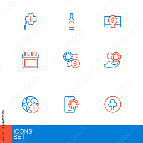 Set line Playing card with clubs symbol, Online sports betting, Football money, Hand holding casino chips, Calendar, Casino exchange, Stacks paper cash and Bottle of wine icon. Vector