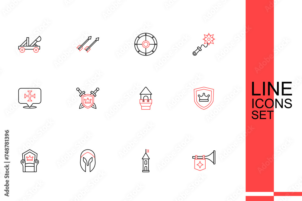 Set line Trumpet with flag, Castle tower, Medieval helmet, throne, Shield crown, swords and Crusade icon. Vector Set line Trumpet with flag, Castle tower, Medieval helmet, throne, Shield crown, swords and Crusade icon. Vector