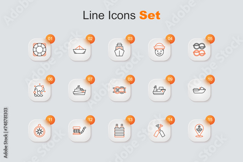 Set line Location with anchor, Crossed oars paddles boat, Striped sailor t-shirt, Marine bollard rope, Compass, Jet ski, Cargo ship and Nautical knots icon. Vector