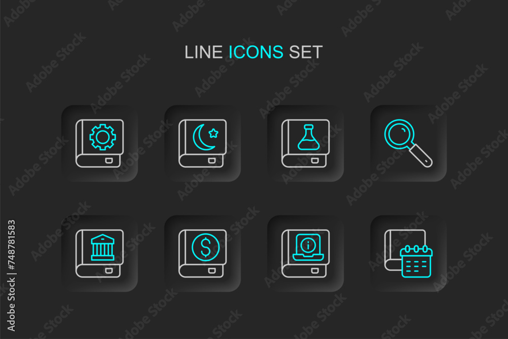 Set line Daily paper notepad, User manual, Financial book, Law, Magnifying glass, Chemistry, Holy of Koran and icon. Vector Set line Daily paper notepad, User manual, Financial book, Law, Magnifying glass, Chemistry, Holy of Koran and icon. Vector