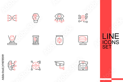 Set line Futuristic sliding doors, Security camera, Blockchain technology Bitcoin, Humanoid robot, Cloud database, Energy drink, Cryogenic capsules and Hologram icon. Vector