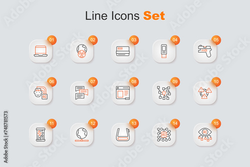 Set line Computer vision, Neural network, Smart glasses spectacles, Global technology, Cryogenic capsules, Earth with exclamation mark, and Browser window icon. Vector