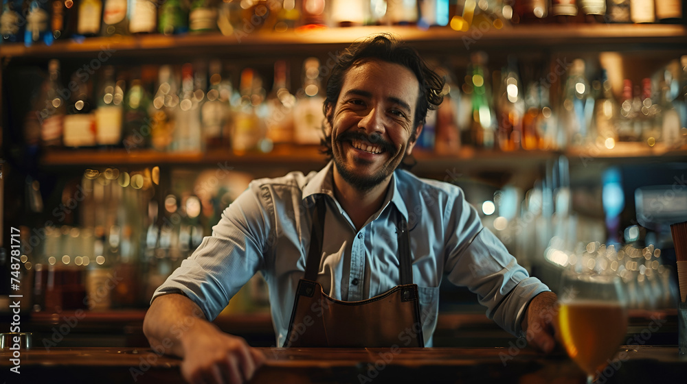 Fototapeta premium young smiling bartender on the background of a bar with copy space