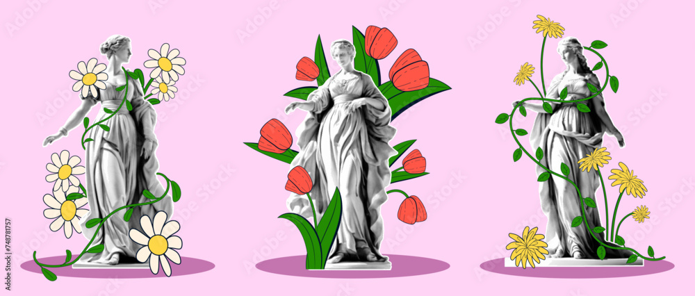 Set of female statues entwined with spring flowers in retro collage style. Vector illustration of female statues with halftone effect and hand-drawn flowers.