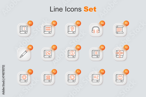 Set line Book, Translator book, Earth globe and, Law, User manual, as gift, and Financial icon. Vector