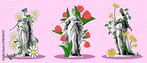 Set of female statues entwined with spring flowers in retro collage style. Vector illustration of female statues with halftone effect and hand-drawn flowers.