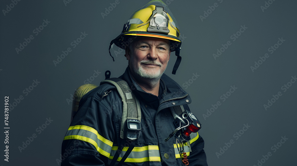 portrait of a fireman on a dark background with copy space