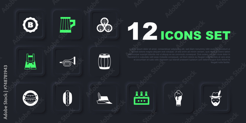 Set Glass of beer, Oktoberfest man, Trumpet, Pack bottles, Lederhosen, Hotdog sandwich, Wooden mug and hat icon. Vector Set Glass of beer, Oktoberfest man, Trumpet, Pack bottles, Lederhosen, Hotdog sandwich, Wooden mug and hat icon. Vector