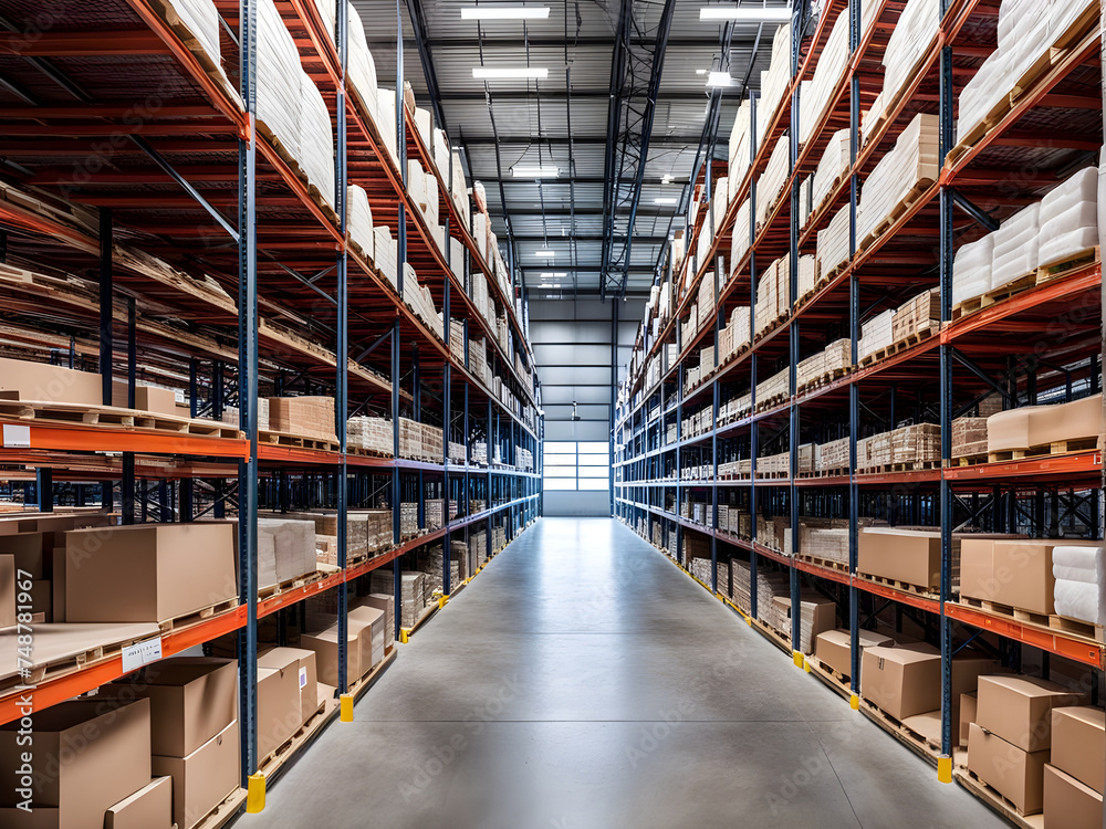 Retail warehouse full of shelves with goods in cartons with pallets logistics and blurred background