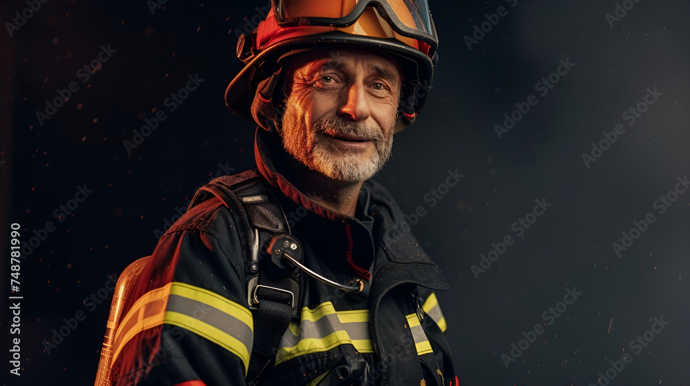 portrait of a fireman on a dark background with copy space