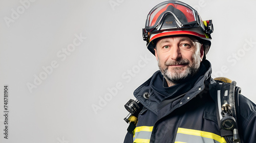 portrait of a fireman on a gray background with copy space © katerinka
