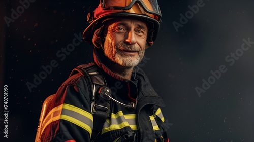 portrait of a fireman on a dark background with copy space
