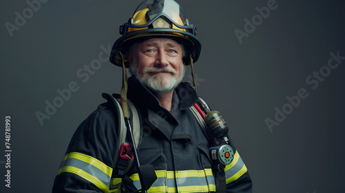 portrait of a fireman on a dark background with copy space