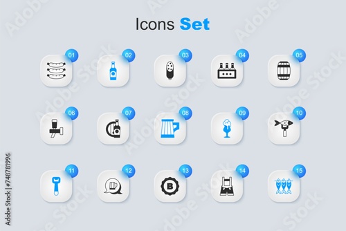 Set Lederhosen, Beer bottle and wooden barrel, Bottle opener, Dried fish, Sausage and Wooden beer mug icon. Vector