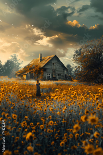 A photo of a person and her house outdoors in a field of wildflowers.