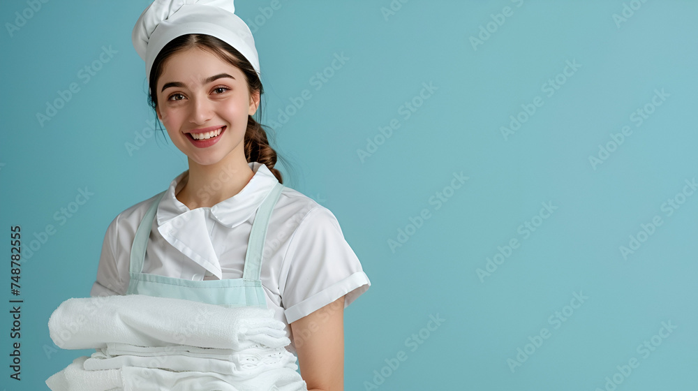 smiling young girl maid closeup with copy space on a blue background with space for text smiling young girl maid closeup with copy space on a blue background with space for text