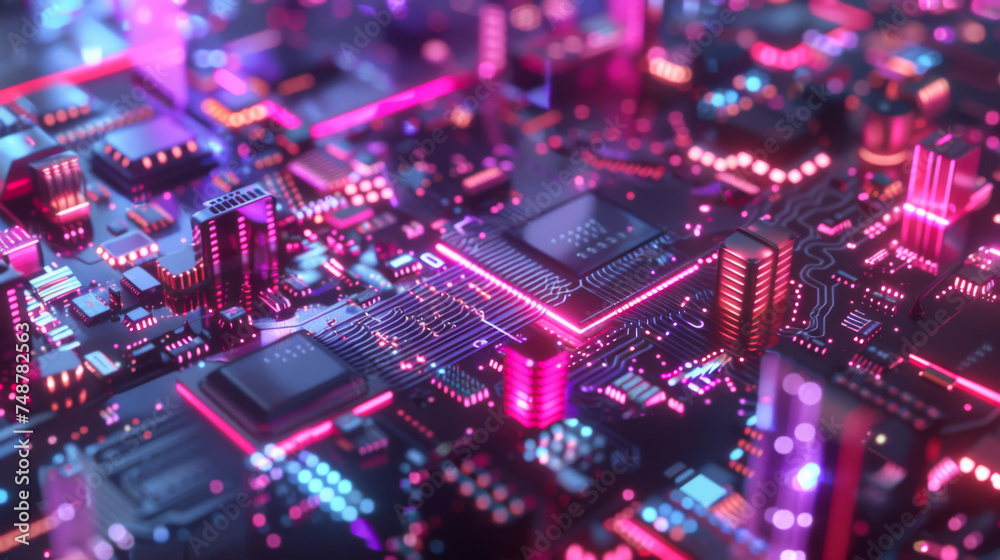 3D rendering of cyberpunk AI. Circuit board. Technology background. Central Computer Processors CPU and GPU concept.