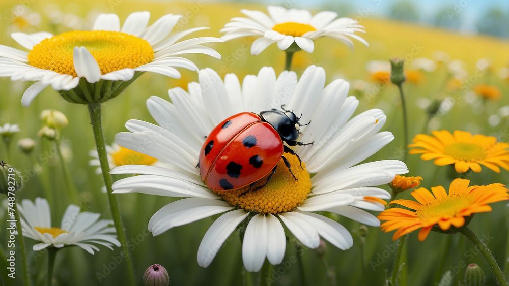 A ladybug rests on a daisy, its wings folded gracefully, surrounded by a field of these cheerful flowers and creating a scene that radiates warmth and happiness
