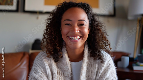 A young biracial woman smiles warmly on video call, seated indoors.