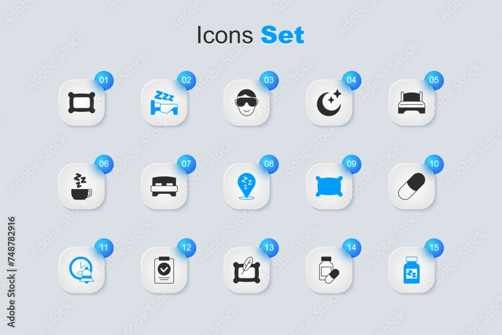 Set Sleeping pill, Big bed, Time to sleep, Alarm clock, Pillow and Sleepy icon. Vector Set Sleeping pill, Big bed, Time to sleep, Alarm clock, Pillow and Sleepy icon. Vector