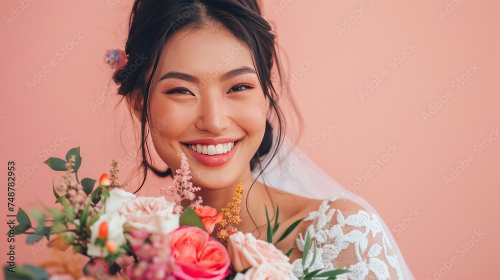 beautiful asian bride in studio pink pastel background. beautiful asian bride in studio pink pastel background.